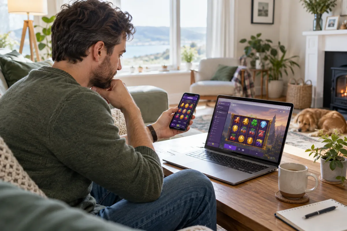 Adult researching tonybet ireland app in a bright Irish home setting