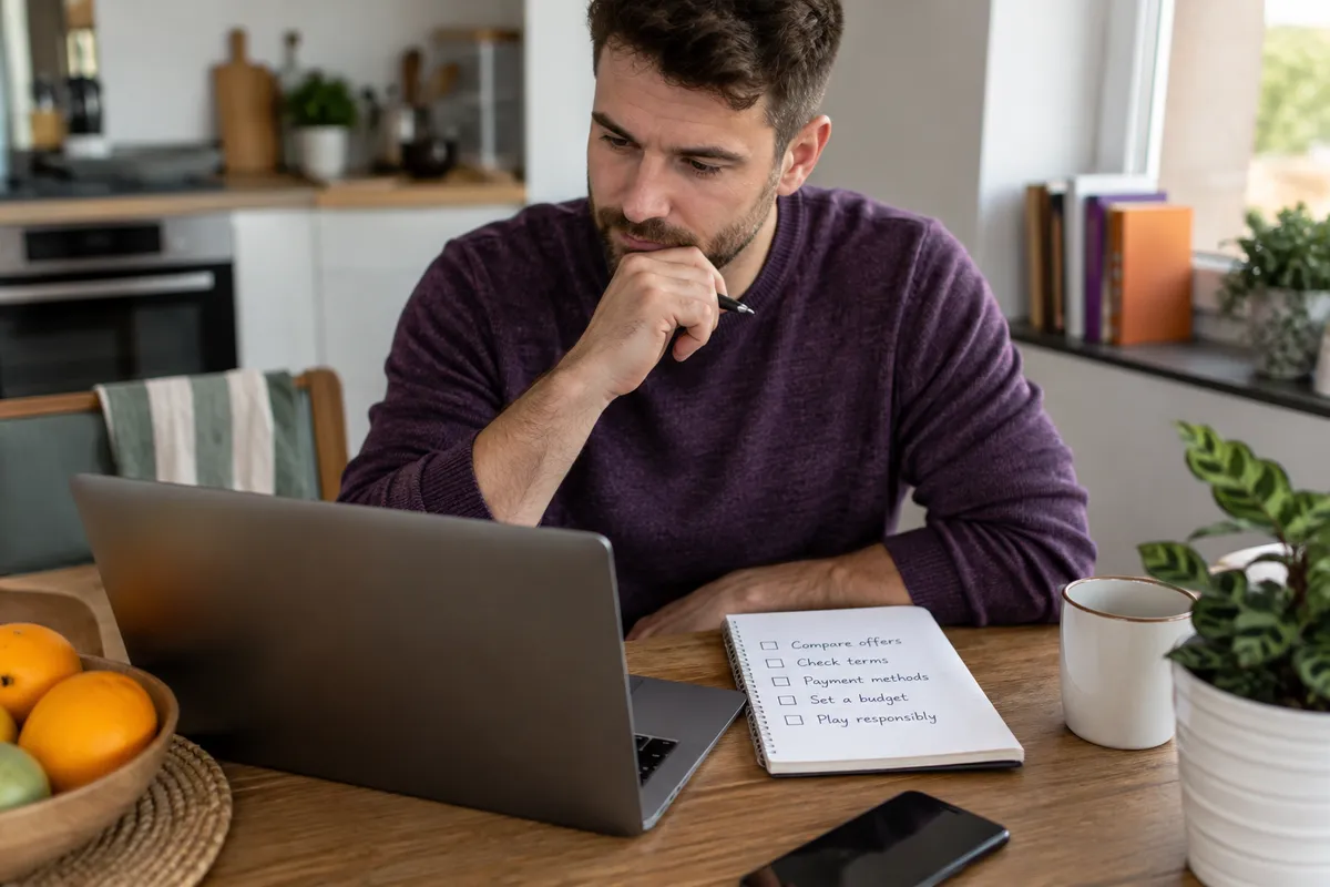 Adult researching tonybet second deposit bonus in a bright Irish home setting