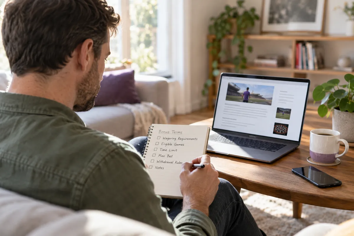 Adult researching tonybet bonus terms in a bright Irish home setting