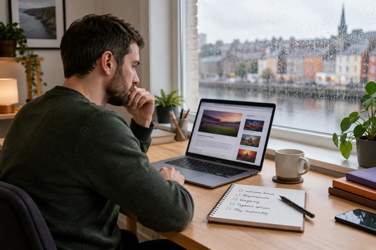 Adult researching tonybet welcome bonus ireland in a bright Irish home setting