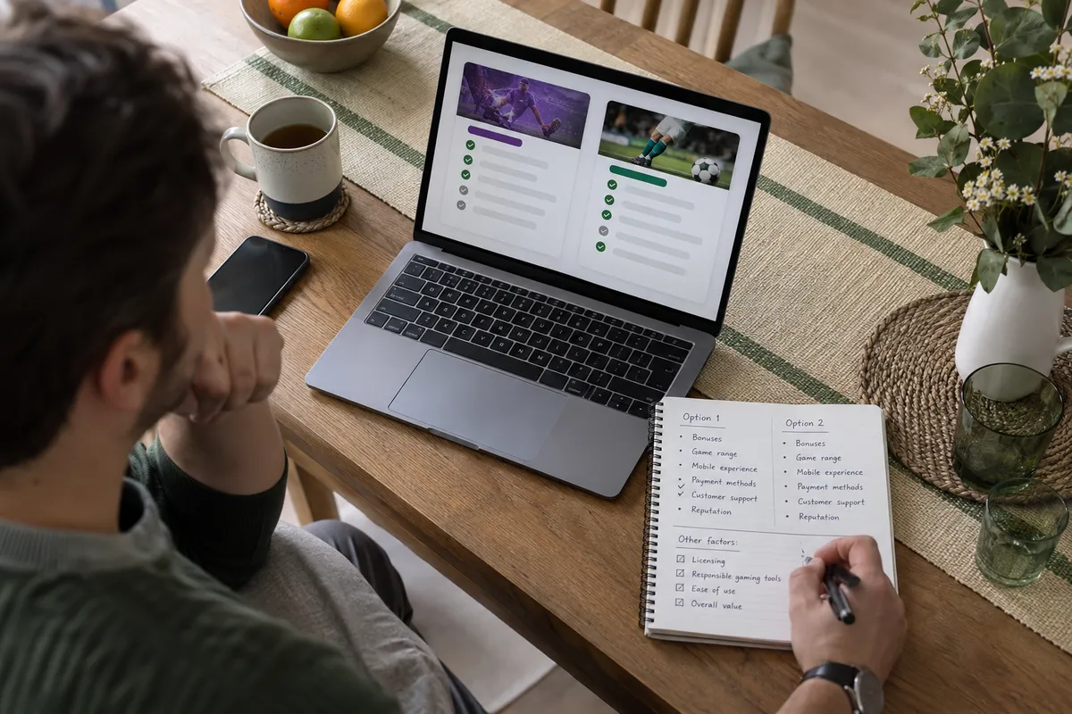 Adult researching tonybet vs bet365 in a bright Irish home setting
