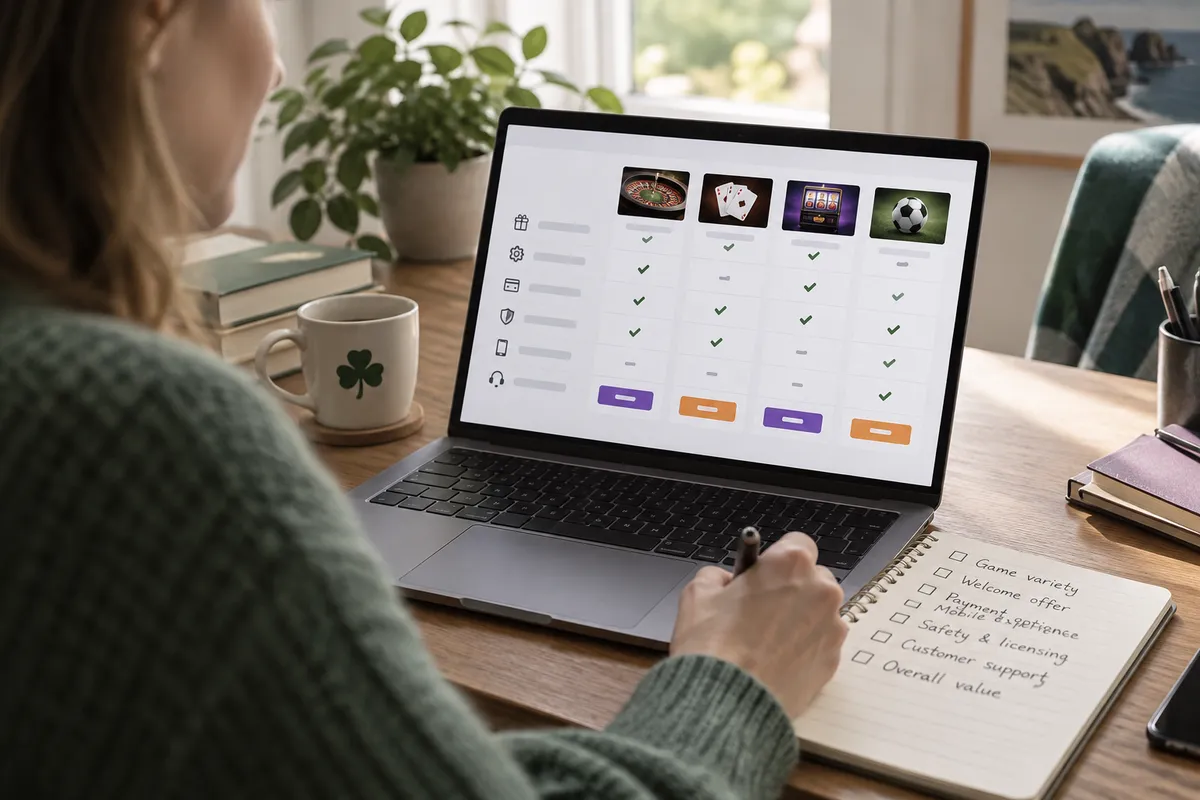 Adult researching tonybet casino comparison ireland in a bright Irish home setting