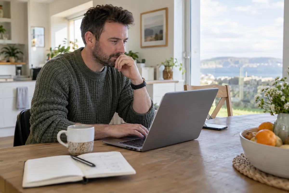 Adult researching tonybet deposit ireland in a bright Irish home setting