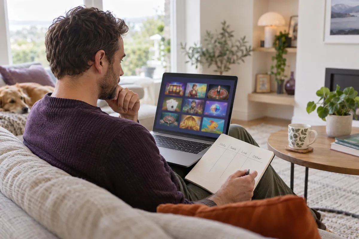 Adult researching tonybet casino games in a bright Irish home setting