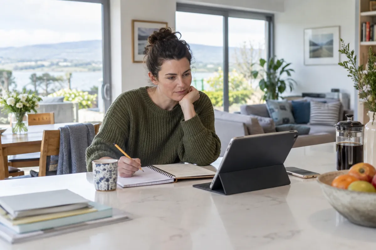 Adult researching tonybet bonus rules in a bright Irish home setting