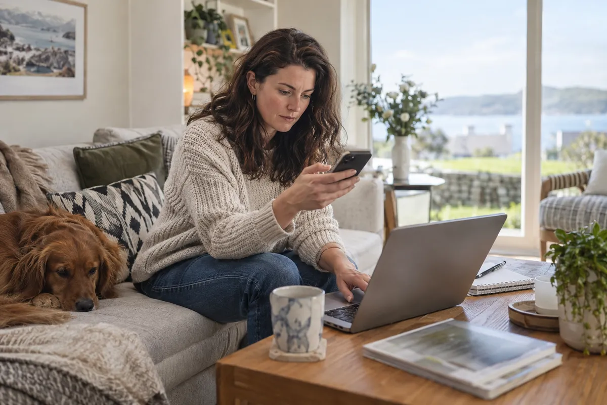 Adult researching privacy policy in a bright Irish home setting