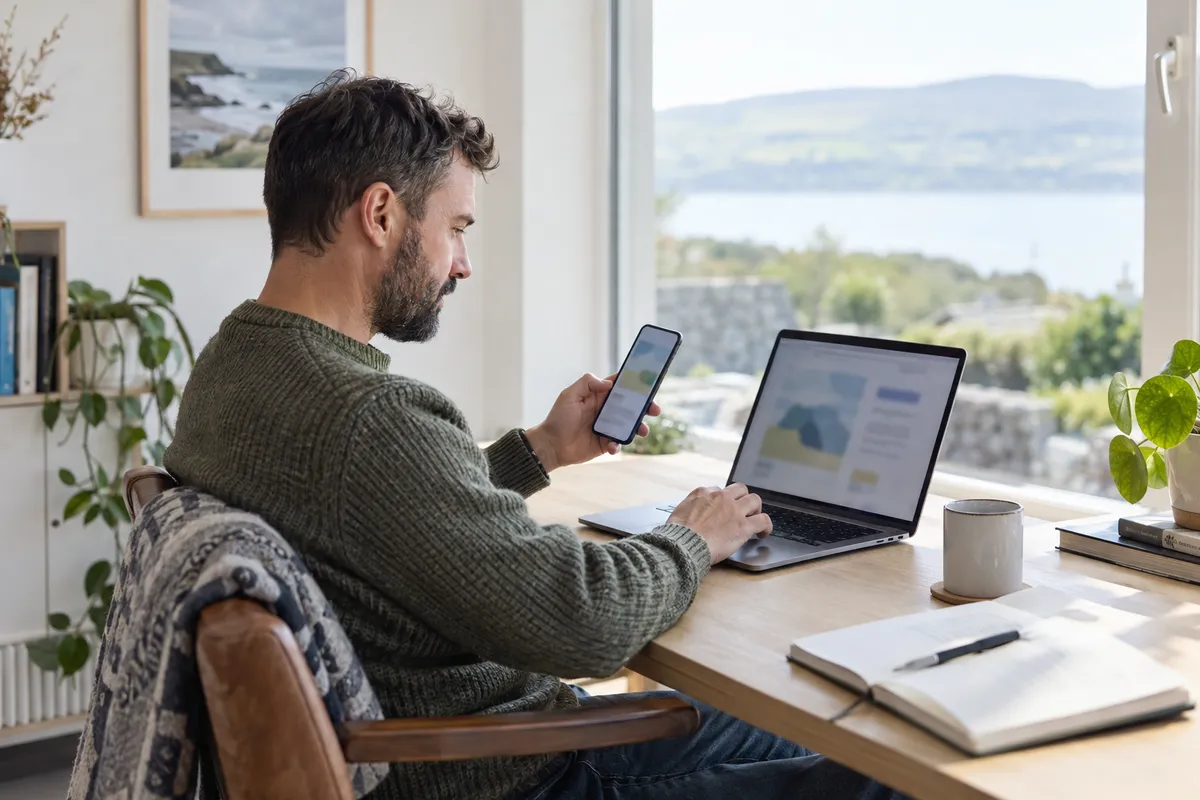 Adult researching responsible gambling ireland in a bright Irish home setting