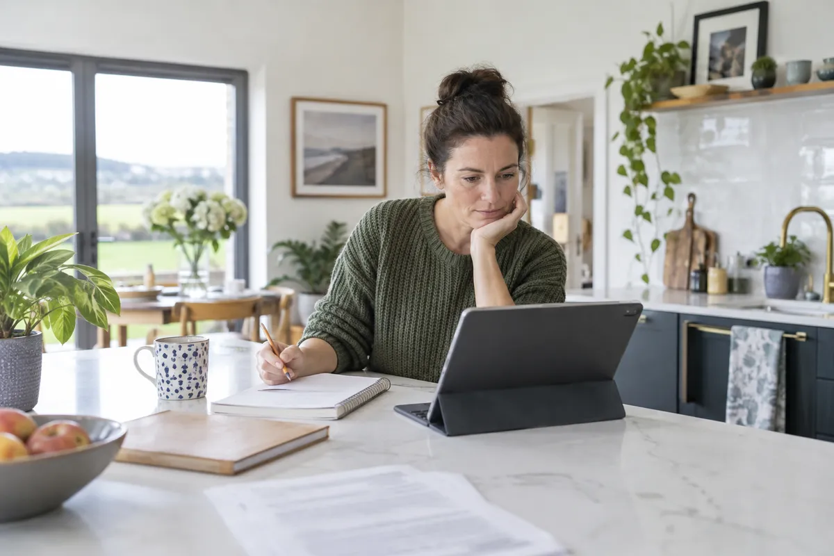 Adult researching terms of use in a bright Irish home setting